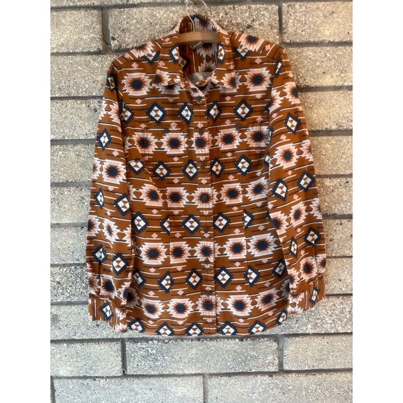 Woman's Deluth Button-Up Shirt With Southwest Aztec Print Brown/White/Blue Long- - Picture 1 of 14